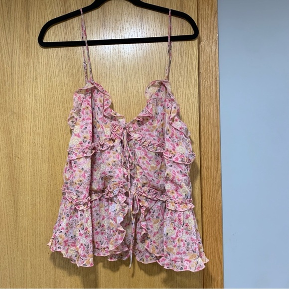 Lush Pink Ditsy Flower Top with Ties in the Front - Size XL - Picture 1 of 6